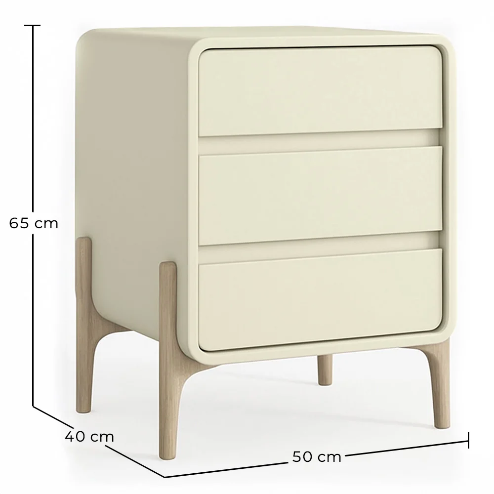 Modern Scandi nightstand covered in faux leather with 3 drawers and natural wood legs - Bennis image 10