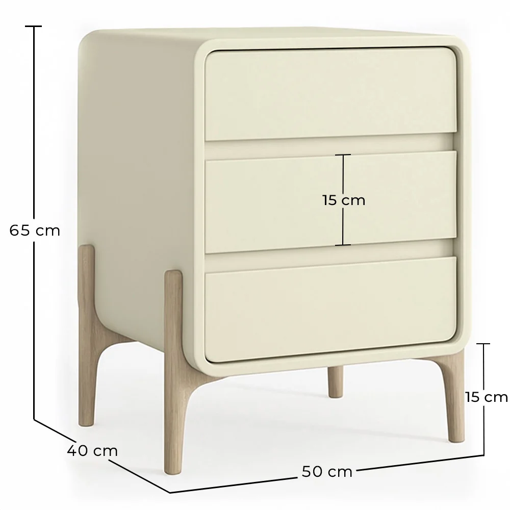 Modern Scandi nightstand covered in faux leather with 3 drawers and natural wood legs - Bennis image 10