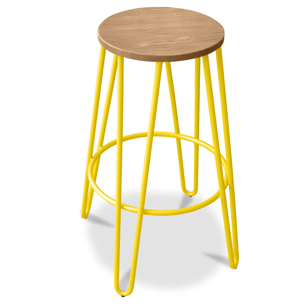  Buy Round Stool - Industrial Design - Wood & Metal - 74cm - Hairpin Yellow 59487 - in the UK