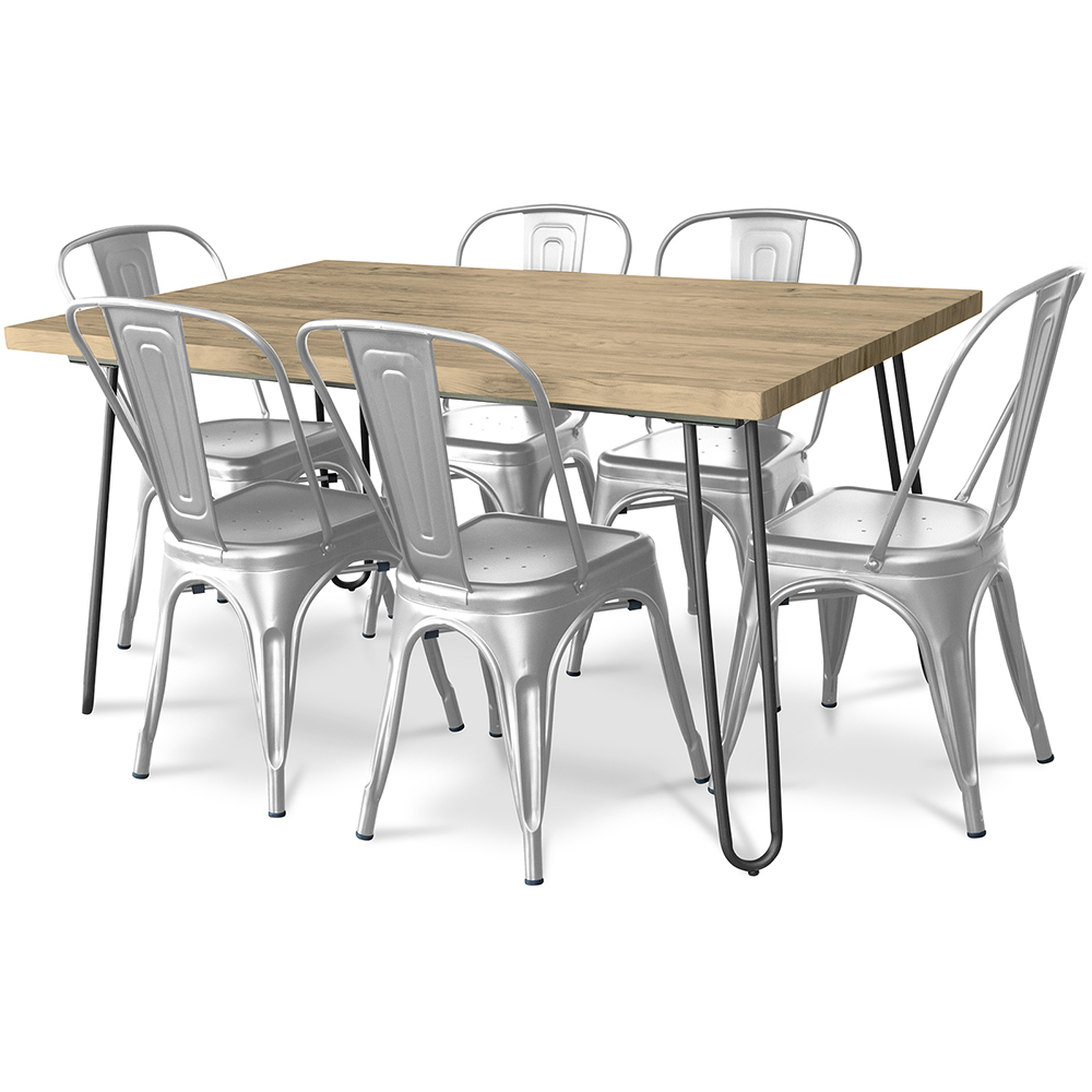  Buy Pack Dining Table - Industrial Design 150cm + Pack of 6 Dining Chairs - Industrial Design - Hairpin Stylix Silver 59922 - in the UK