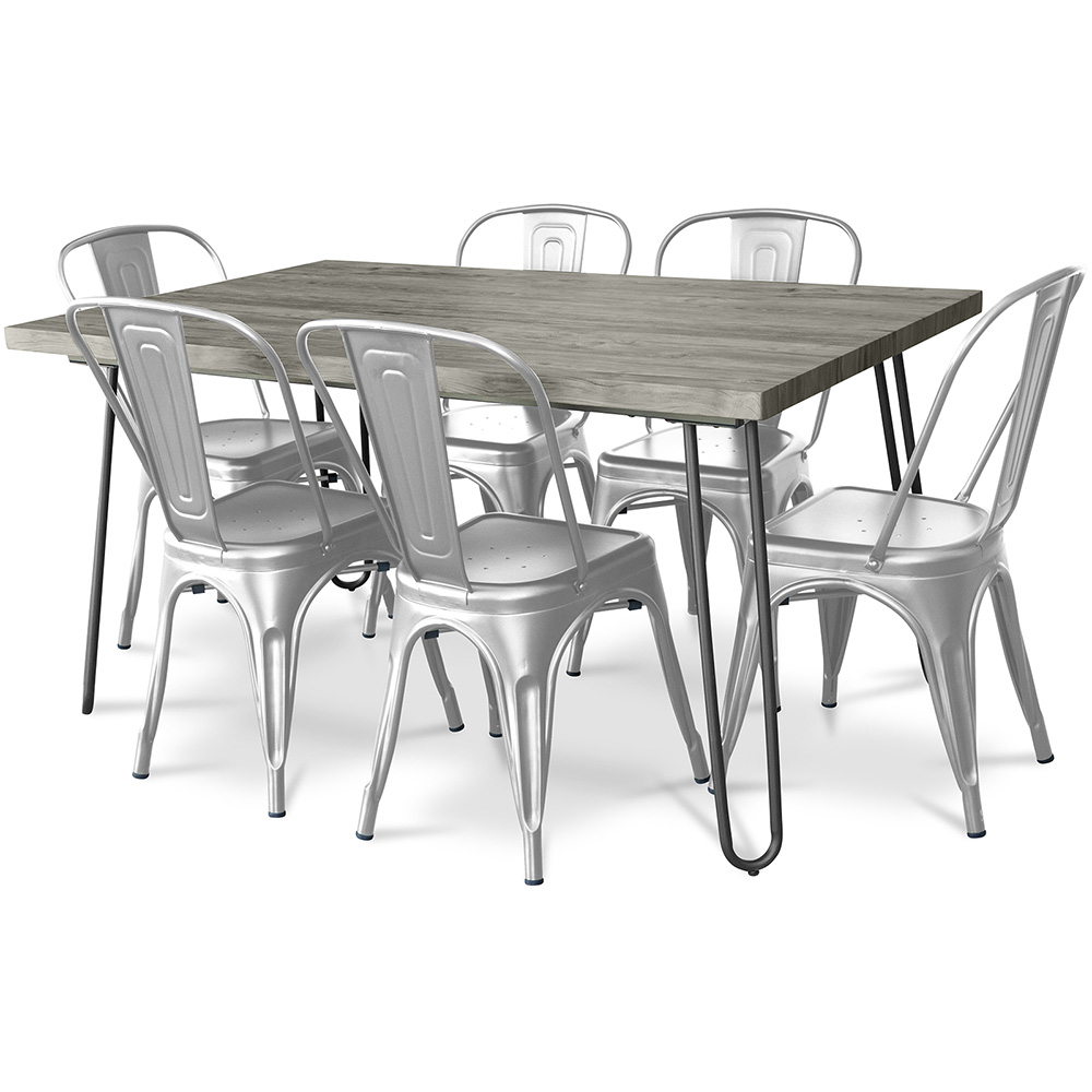  Buy Pack Dining Table - Industrial Design 150cm + Pack of 6 Dining Chairs - Industrial Design - Hairpin Stylix Silver 59924 - in the UK