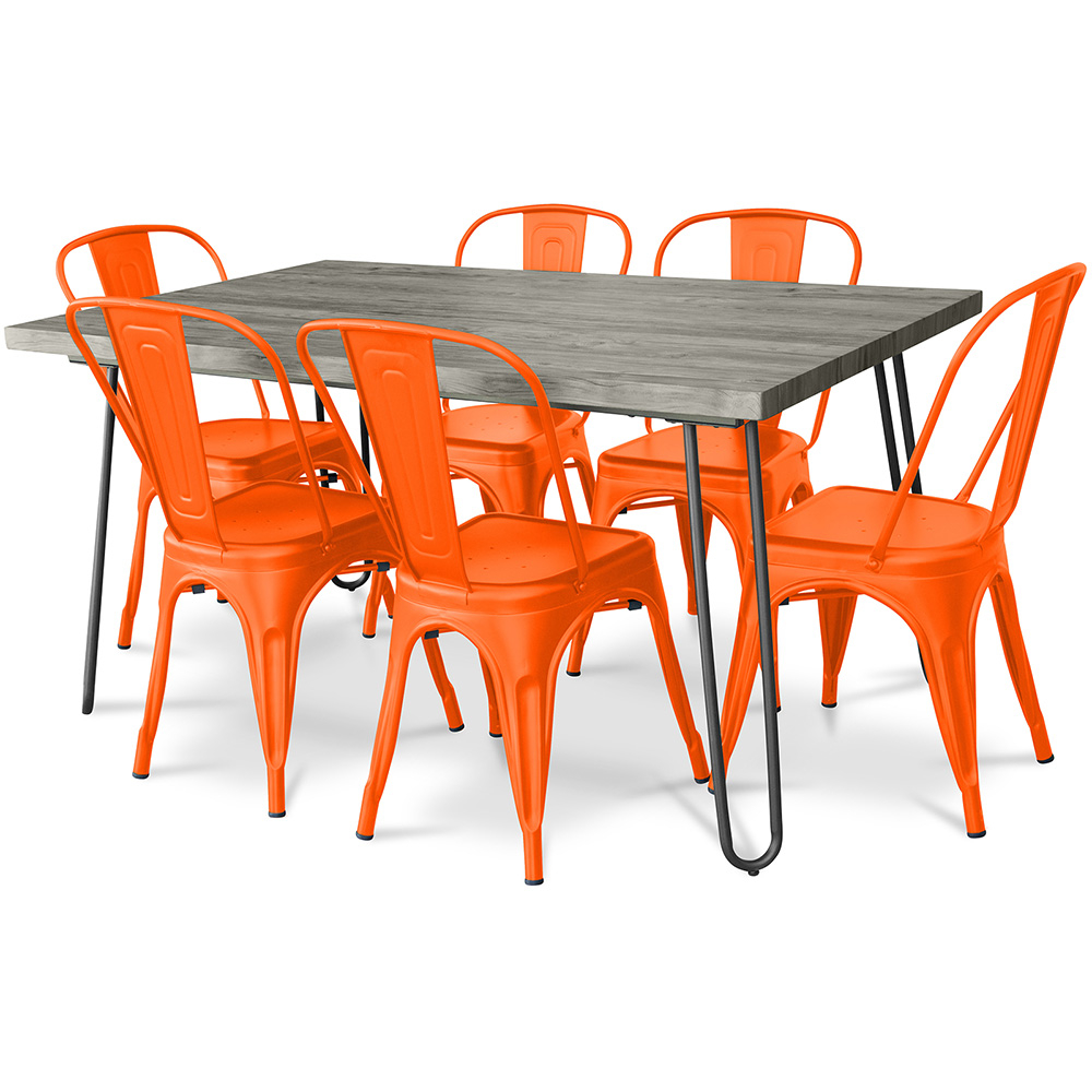  Buy Pack Dining Table - Industrial Design 150cm + Pack of 6 Dining Chairs - Industrial Design - Hairpin Stylix Orange 59924 - in the UK