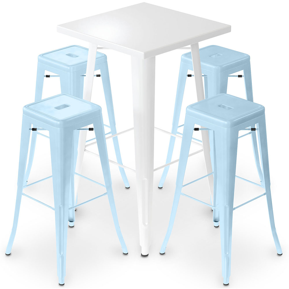  Buy Pack White Stool Table and Pack of 4 Bar Stools - Industrial Design - Metal - New Edition - Bistrot Stylix Light blue 60445 - in the UK