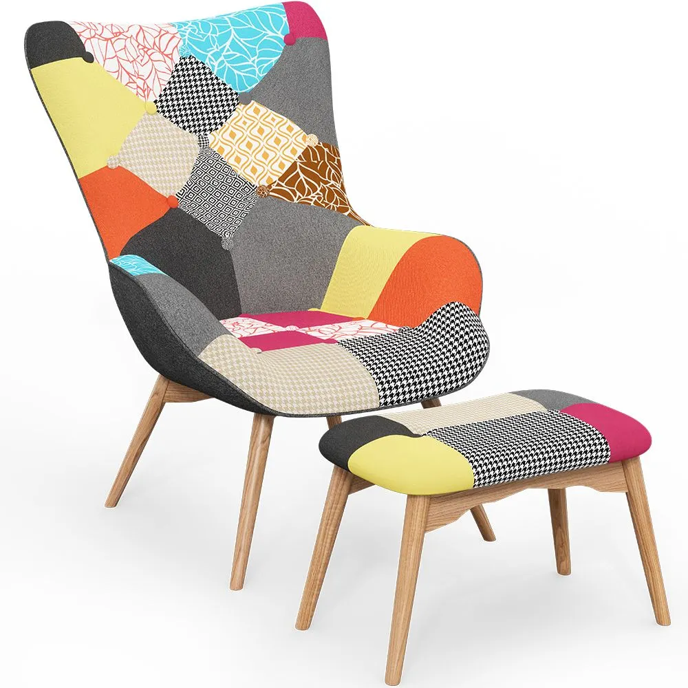 Armchair with Footrest - Upholstered in Patchwork Fabric - Kontur image 8