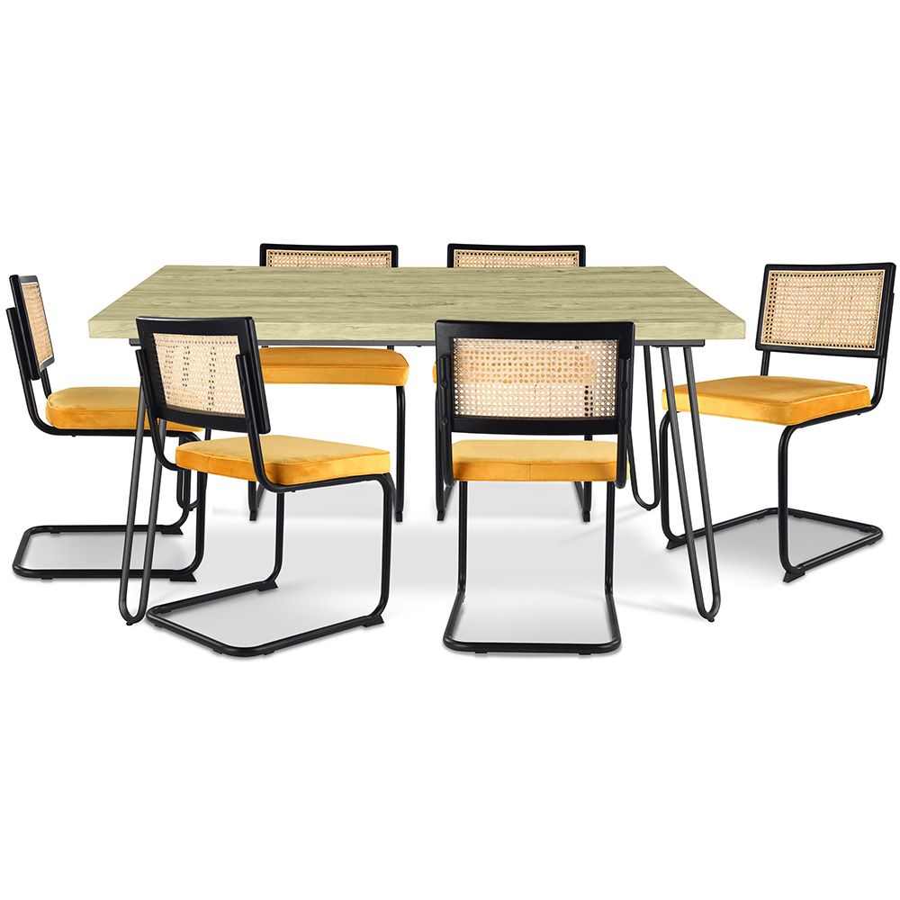 Pack Industrial Design Dining Table 150cm & 6 Rattan Dining Chairs - Velvet Upholstery - Puila image 8