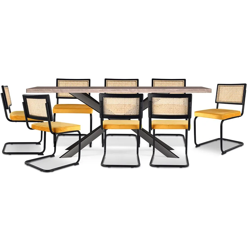 Pack Industrial Design Wooden Dining Table (200cm) & 8 Rattan Dining Chairs - Upholstered in Velvet - Puila image 8