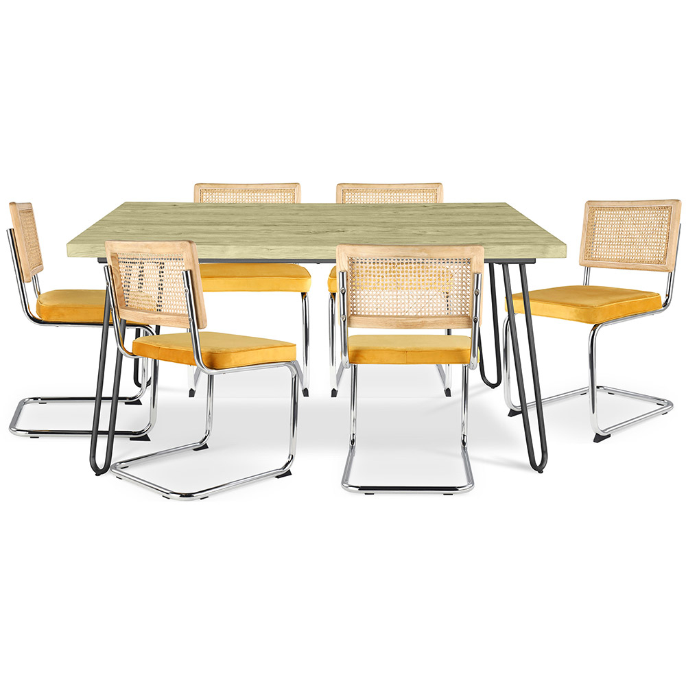  Buy Pack Industrial Design Dining Table 150cm & 6 Rattan Dining Chairs - Velvet Upholstery - Martha Mustard 60581 - in the UK