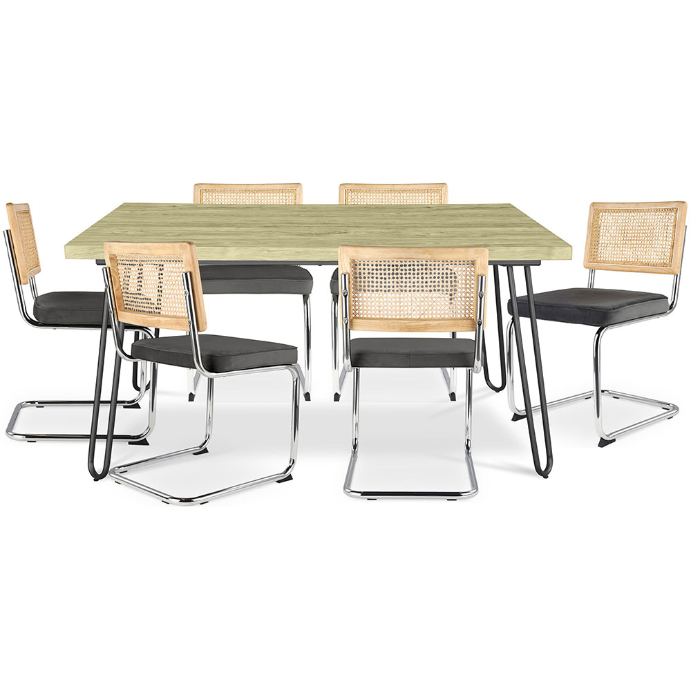  Buy Pack Industrial Design Dining Table 150cm & 6 Rattan Dining Chairs - Velvet Upholstery - Martha Dark grey 60581 - in the UK