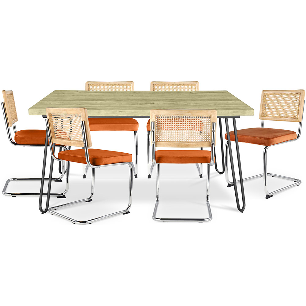  Buy Pack Industrial Design Dining Table 150cm & 6 Rattan Dining Chairs - Velvet Upholstery - Martha Reddish orange 60581 - in the UK