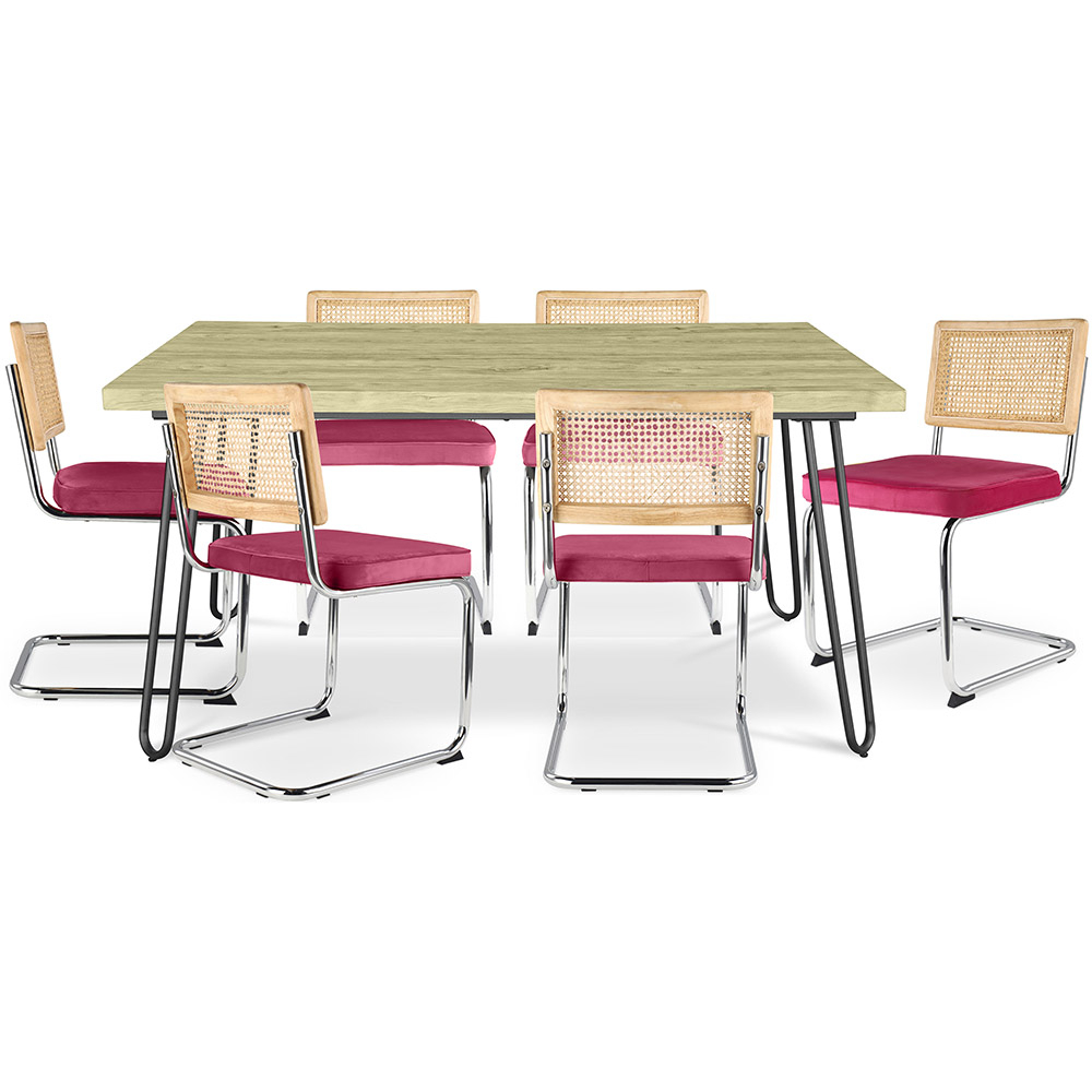  Buy Pack Industrial Design Dining Table 150cm & 6 Rattan Dining Chairs - Velvet Upholstery - Martha Fuchsia 60581 - in the UK