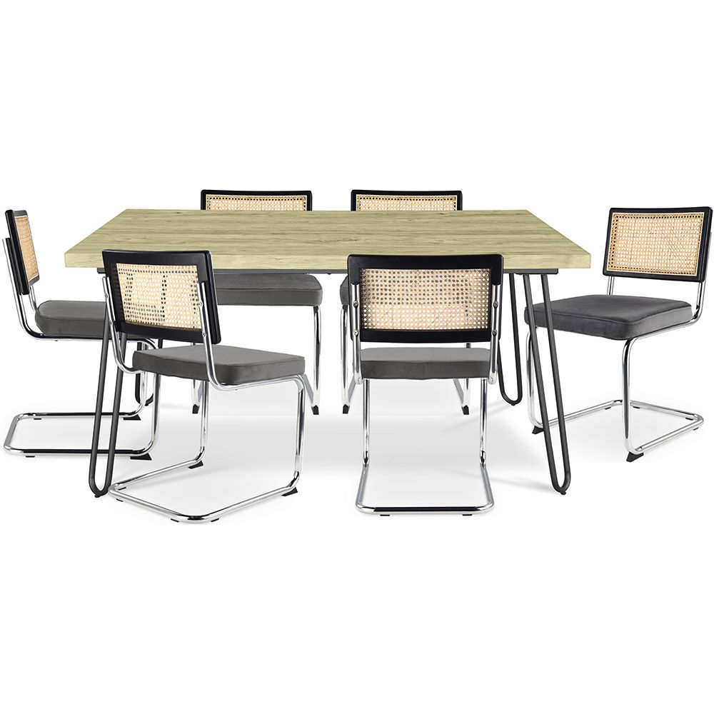 Pack Industrial Design Dining Table 150cm & 6 Rattan Dining Chairs - Velvet Upholstery - Hyre image 8