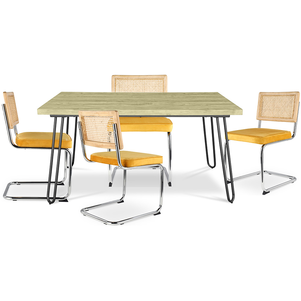  Buy Pack Industrial Design Dining Table 120cm & 4 Rattan Dining Chairs - Velvet Upholstery - Martha Mustard 60587 - in the UK