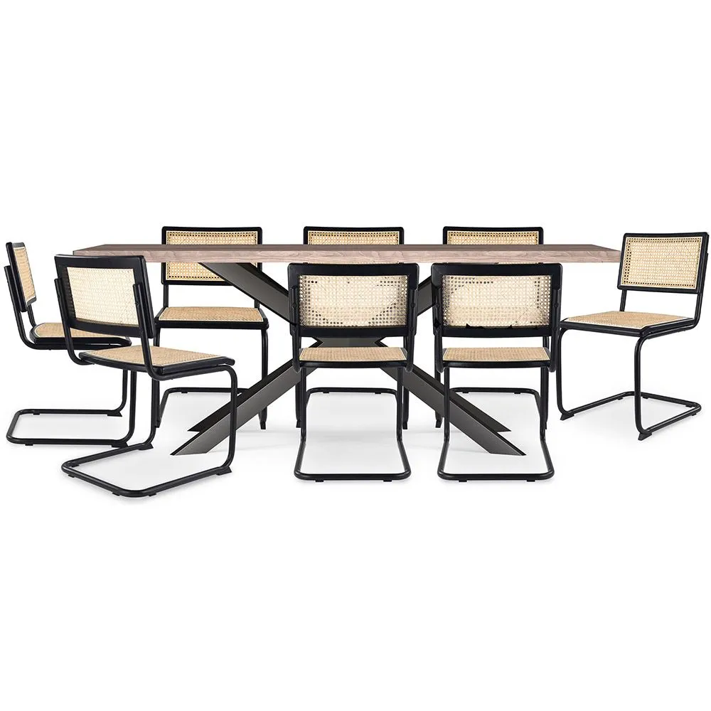 Pack Industrial Design Wooden Dining Table (200cm) & 8 Rattan Dining Chairs - Bastral image 8