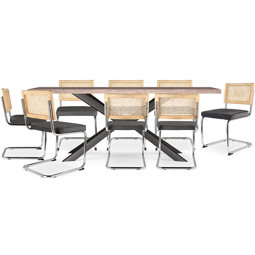  Buy Pack Industrial Design Wooden Dining Table (200cm) & 8 Rattan Dining Chairs - Upholstered in Velvet - Martha Dark grey 60593 - in the UK