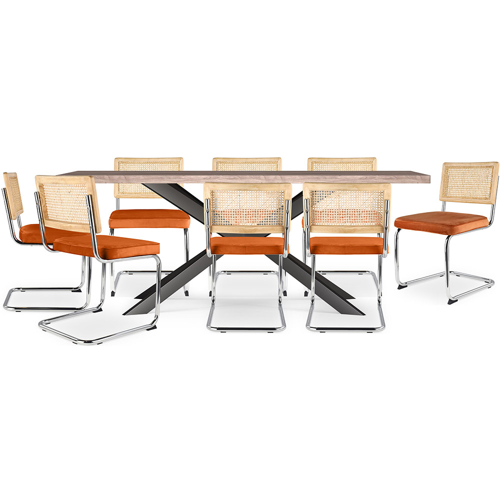  Buy Pack Industrial Design Wooden Dining Table (200cm) & 8 Rattan Dining Chairs - Upholstered in Velvet - Martha Reddish orange 60593 - in the UK