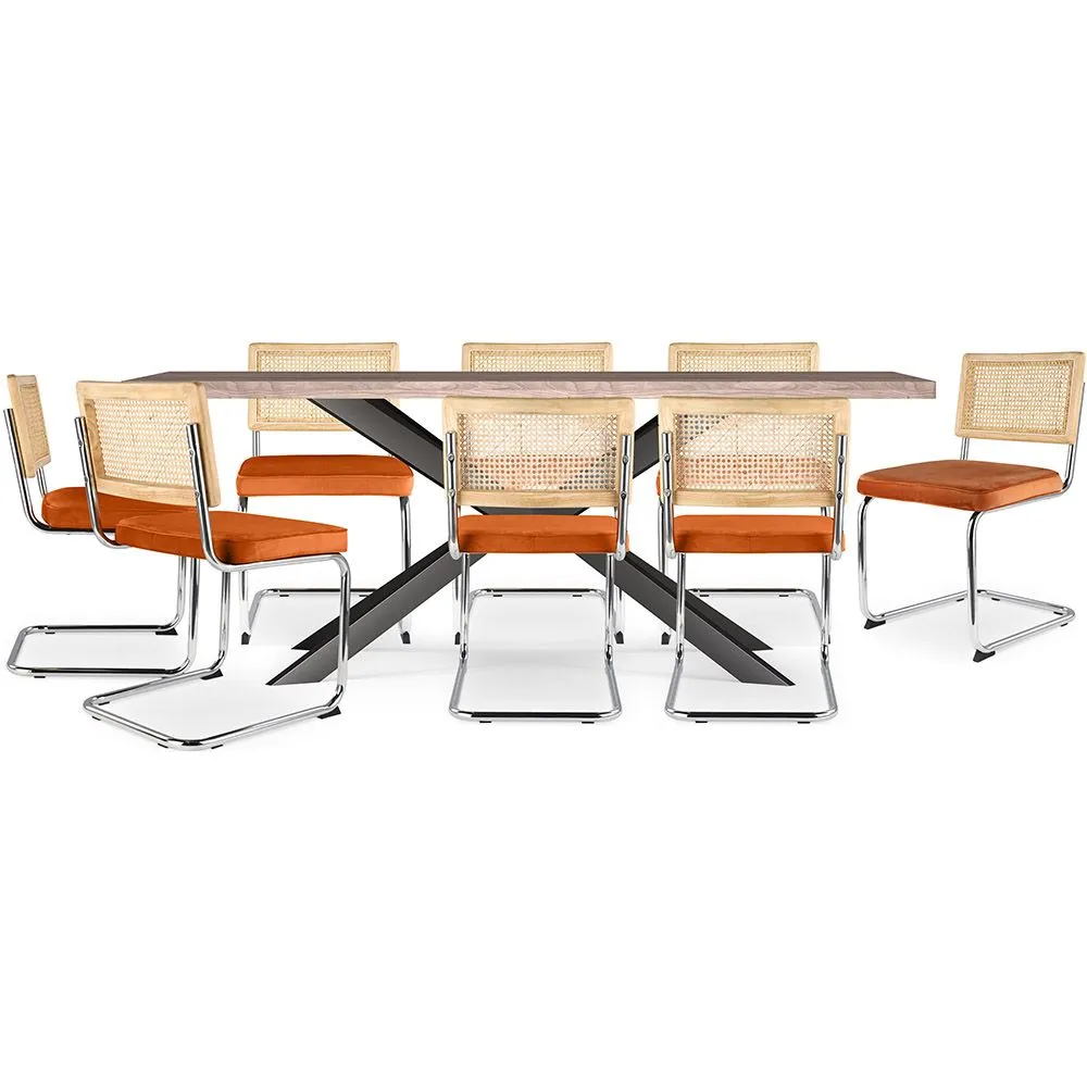 Pack Industrial Design Wooden Dining Table (200cm) & 8 Rattan Dining Chairs - Upholstered in Velvet - Martha image 8
