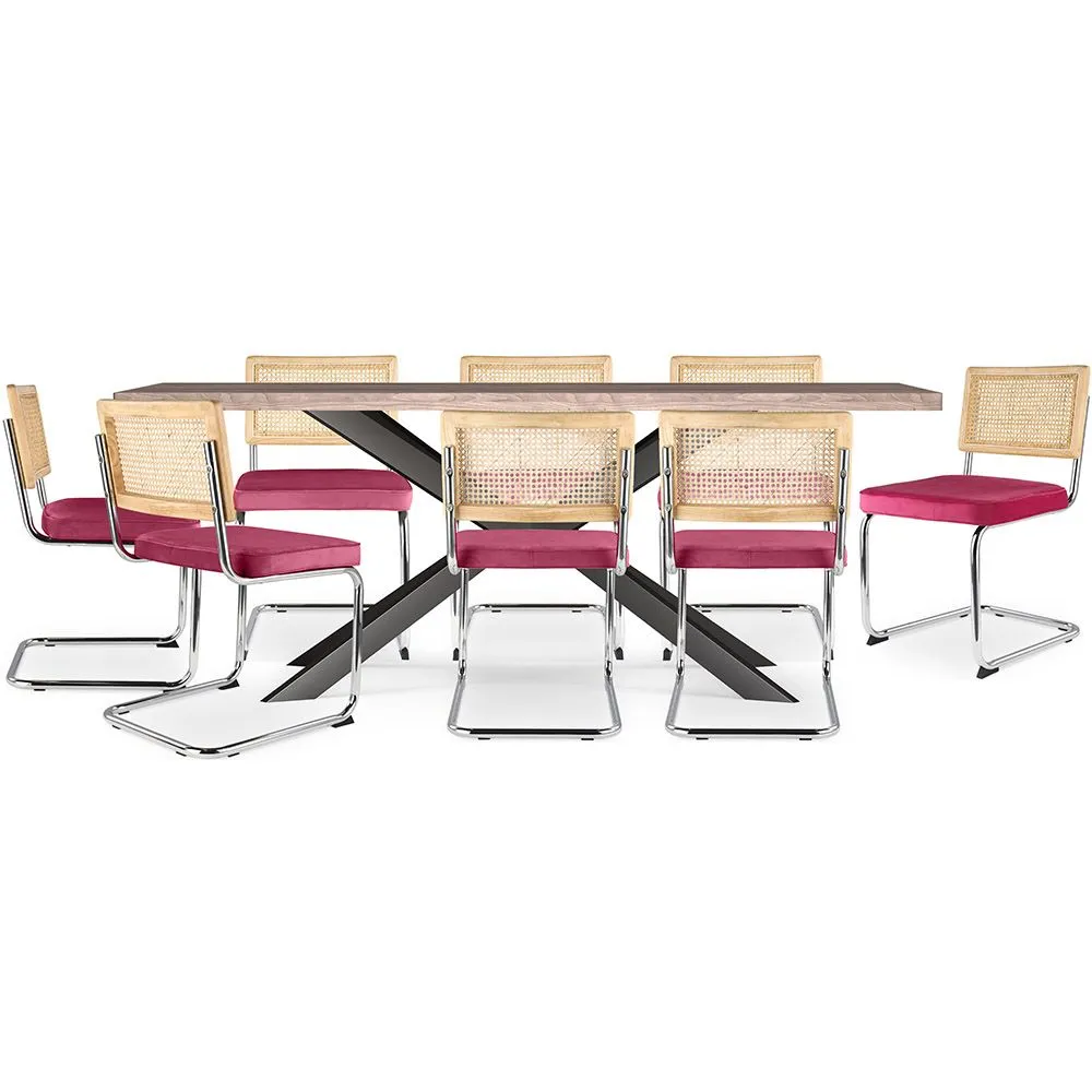 Pack Industrial Design Wooden Dining Table (200cm) & 8 Rattan Dining Chairs - Upholstered in Velvet - Martha image 8