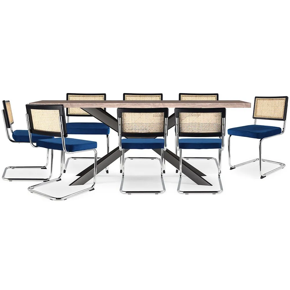 Pack Industrial Design Wooden Dining Table (200cm) & 8 Rattan Dining Chairs - Velvet Upholstery - Hyre image 8
