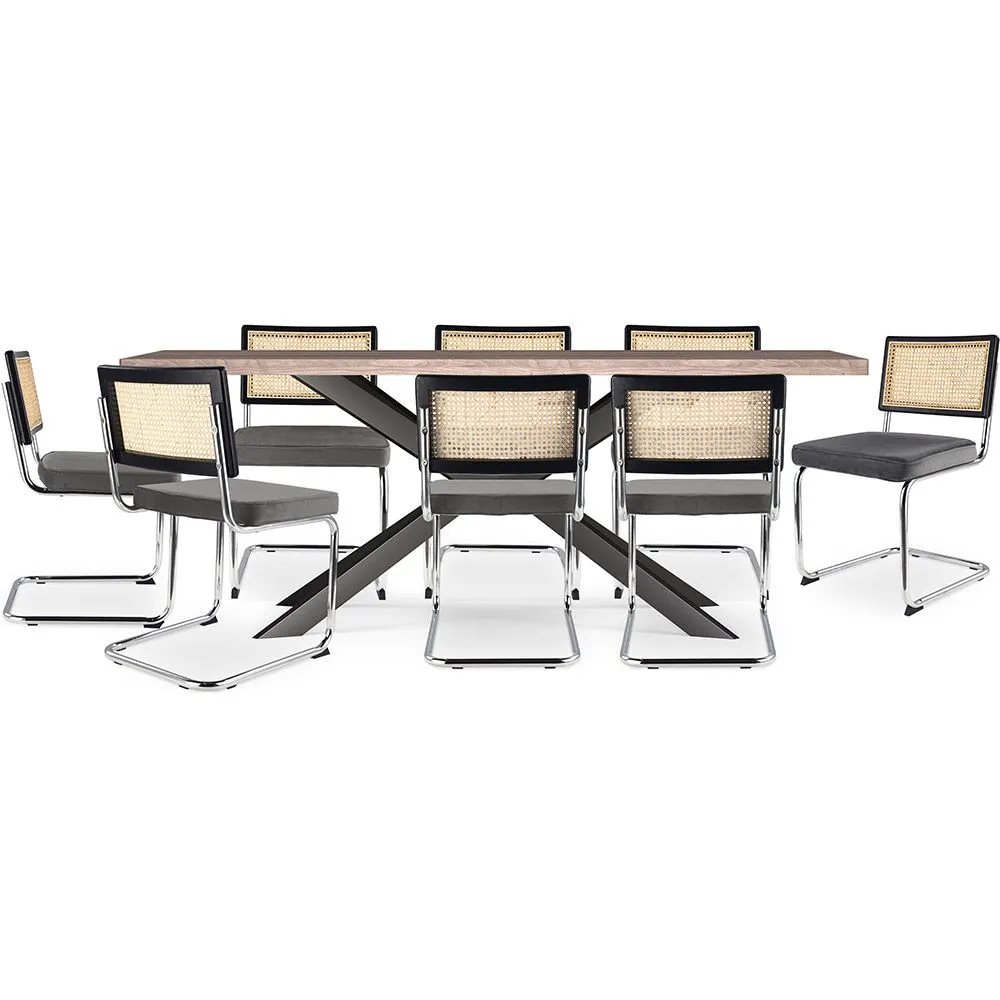 Pack Industrial Design Wooden Dining Table (200cm) & 8 Rattan Dining Chairs - Velvet Upholstery - Hyre image 8