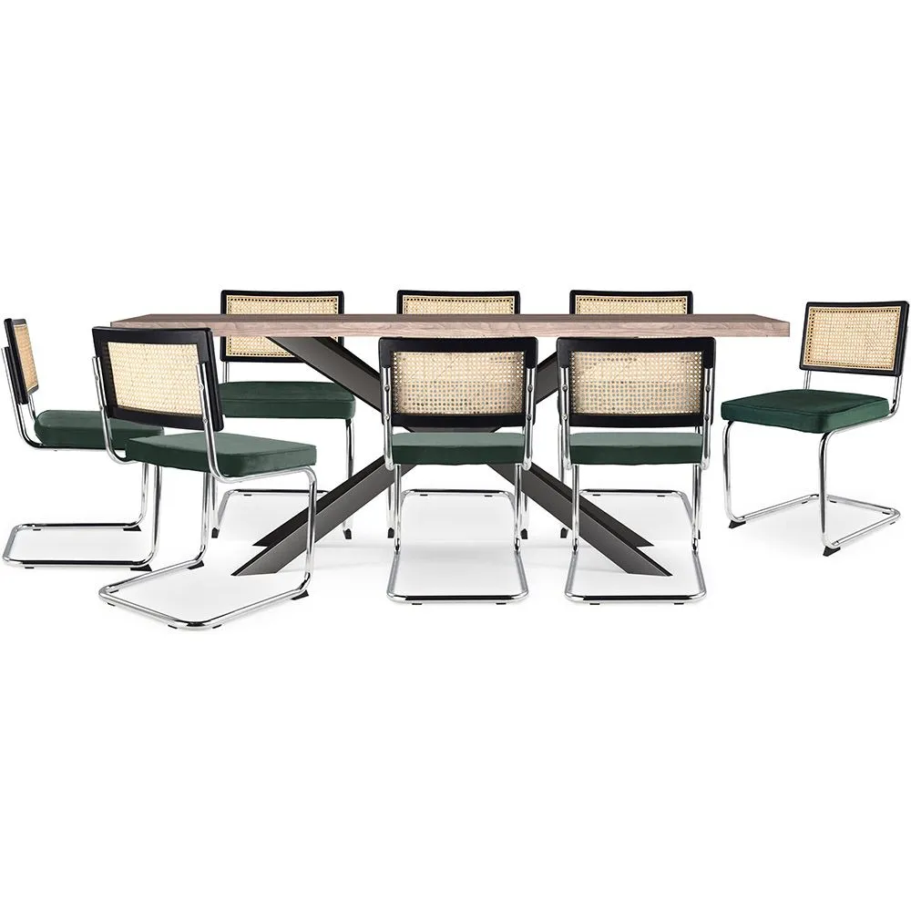 Pack Industrial Design Wooden Dining Table (200cm) & 8 Rattan Dining Chairs - Velvet Upholstery - Hyre image 8