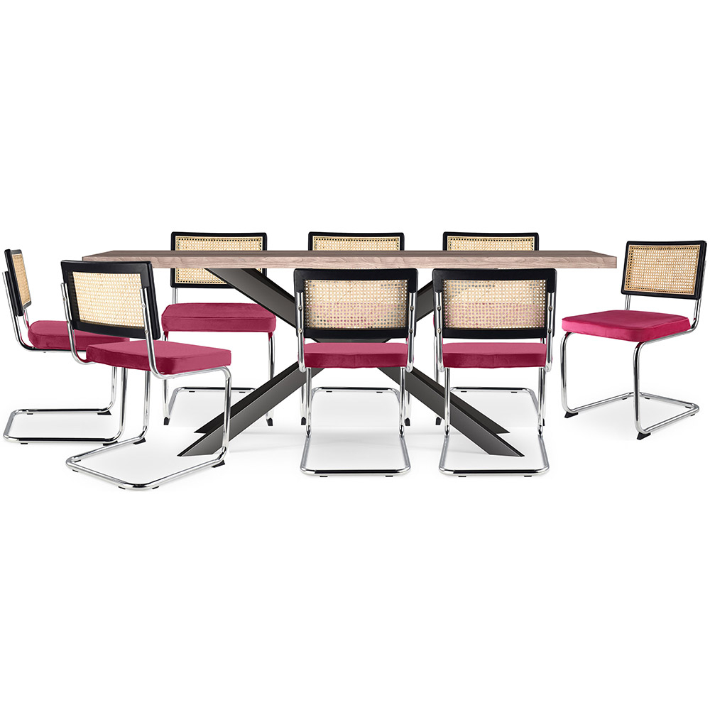  Buy Pack Industrial Design Wooden Dining Table (200cm) & 8 Rattan Dining Chairs - Velvet Upholstery - Hyre Fuchsia 60594 - in the UK