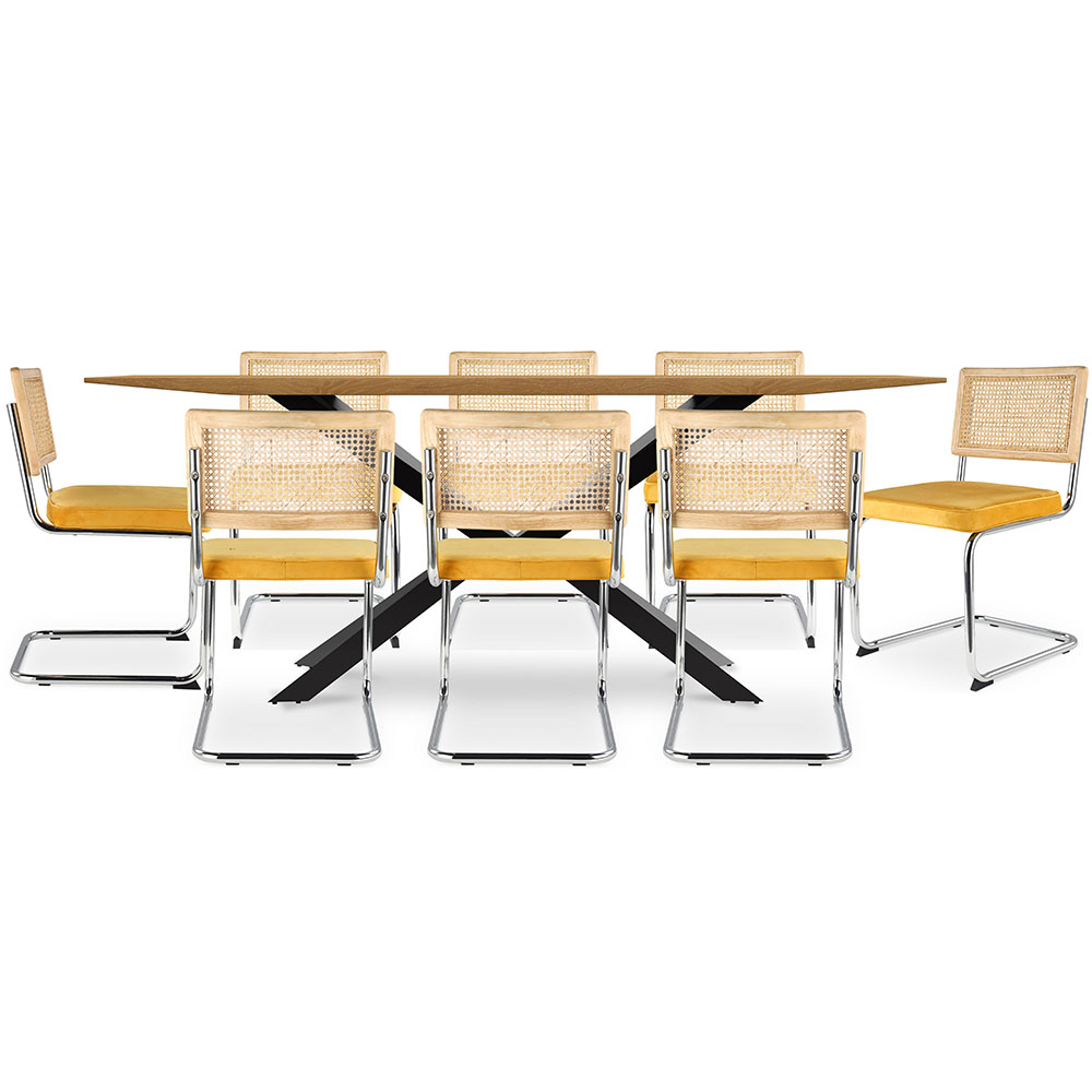  Buy Pack Industrial Design Wooden Dining Table (220cm) & 8 Rattan Dining Chairs - Velvet Upholstery - Martha Mustard 60596 - in the UK