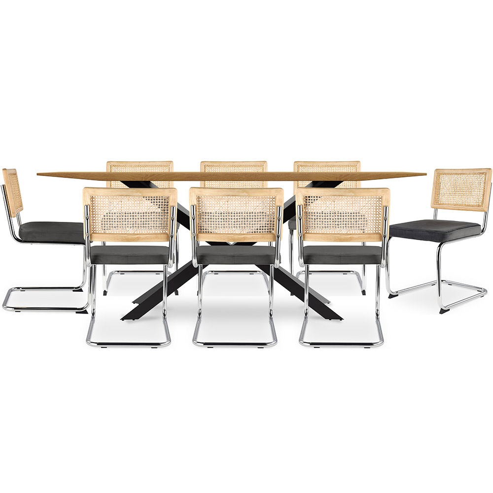  Buy Pack Industrial Design Wooden Dining Table (220cm) & 8 Rattan Dining Chairs - Velvet Upholstery - Martha Dark grey 60596 - in the UK