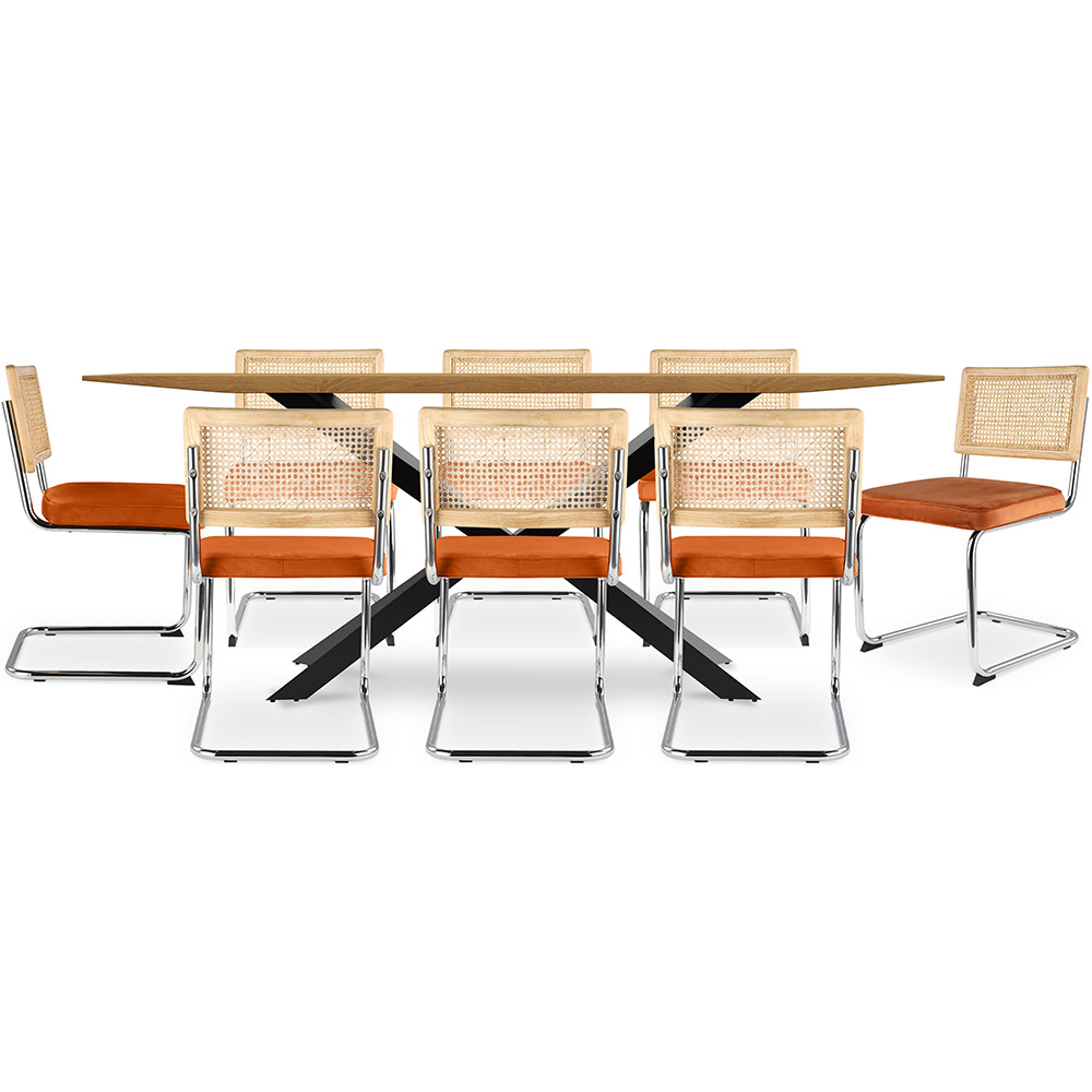  Buy Pack Industrial Design Wooden Dining Table (220cm) & 8 Rattan Dining Chairs - Velvet Upholstery - Martha Reddish orange 60596 - in the UK