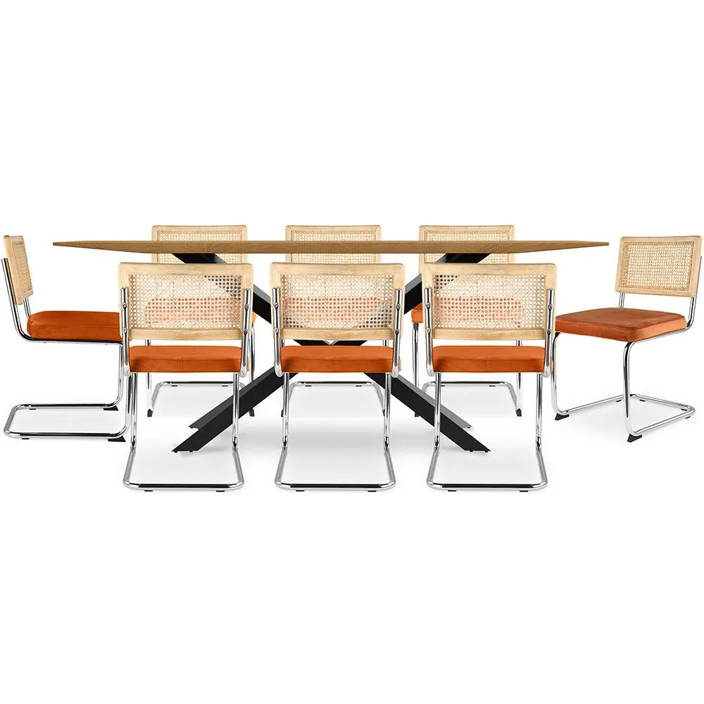 Pack Industrial Design Wooden Dining Table (220cm) & 8 Rattan Dining Chairs - Velvet Upholstery - Martha image 8