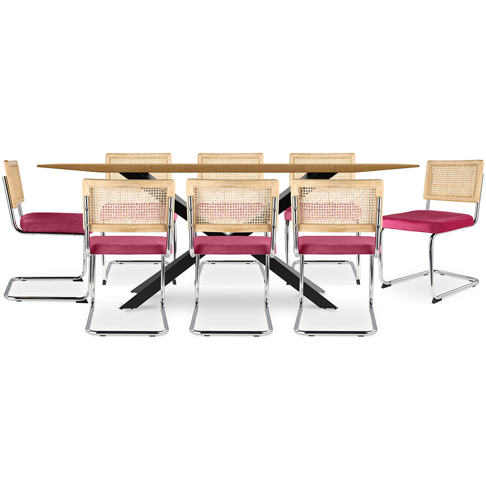  Buy Pack Industrial Design Wooden Dining Table (220cm) & 8 Rattan Dining Chairs - Velvet Upholstery - Martha Fuchsia 60596 - in the UK