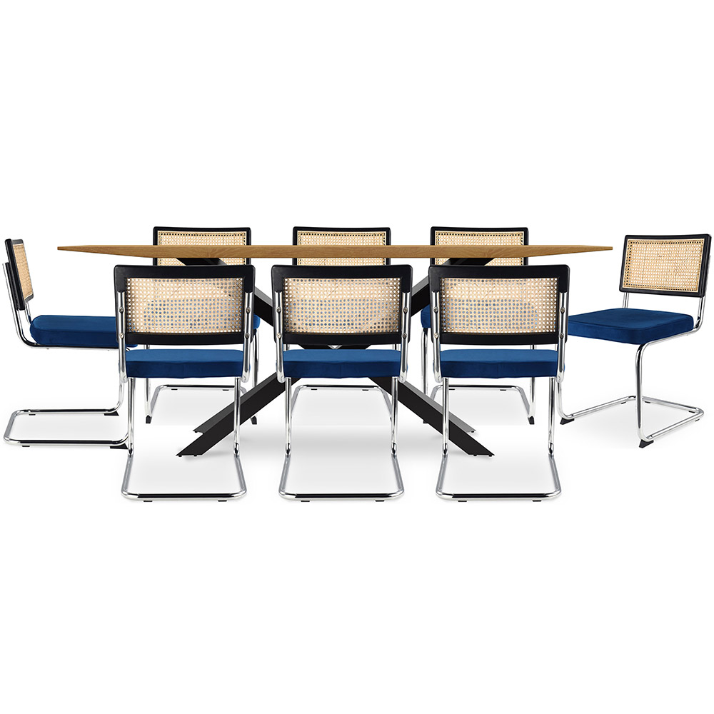  Buy Pack Industrial Design Wooden Dining Table (220cm) & 8 Rattan Dining Chairs - Velvet Upholstery - Hyre Dark blue 60597 - in the UK