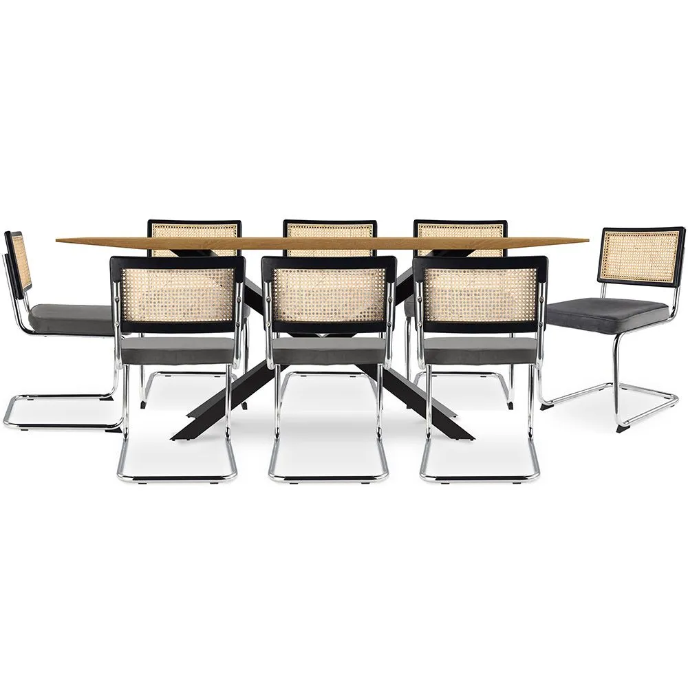 Pack Industrial Design Wooden Dining Table (220cm) & 8 Rattan Dining Chairs - Velvet Upholstery - Hyre image 8