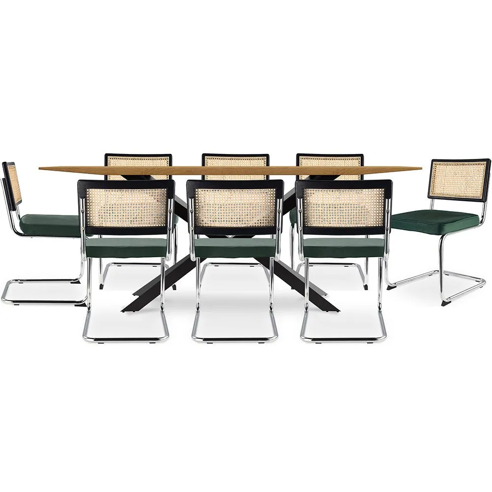 Pack Industrial Design Wooden Dining Table (220cm) & 8 Rattan Dining Chairs - Velvet Upholstery - Hyre image 8