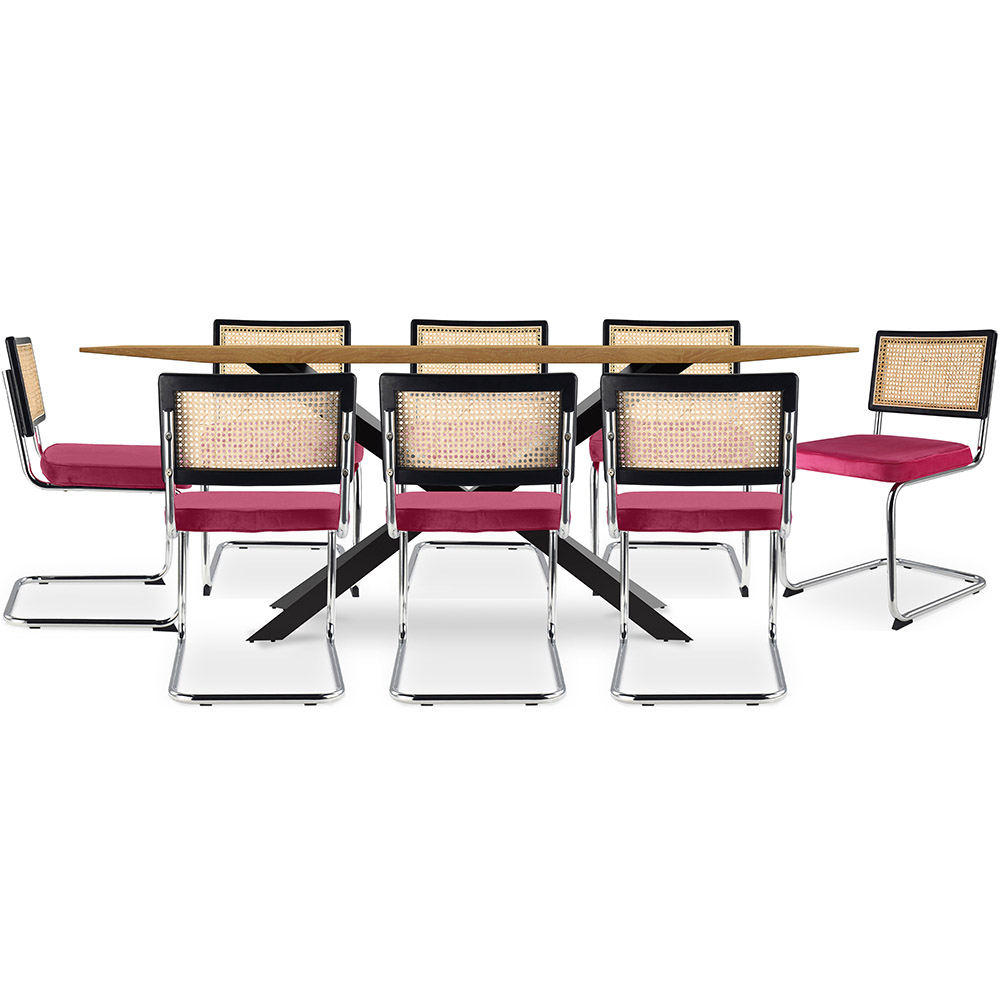  Buy Pack Industrial Design Wooden Dining Table (220cm) & 8 Rattan Dining Chairs - Velvet Upholstery - Hyre Fuchsia 60597 - in the UK