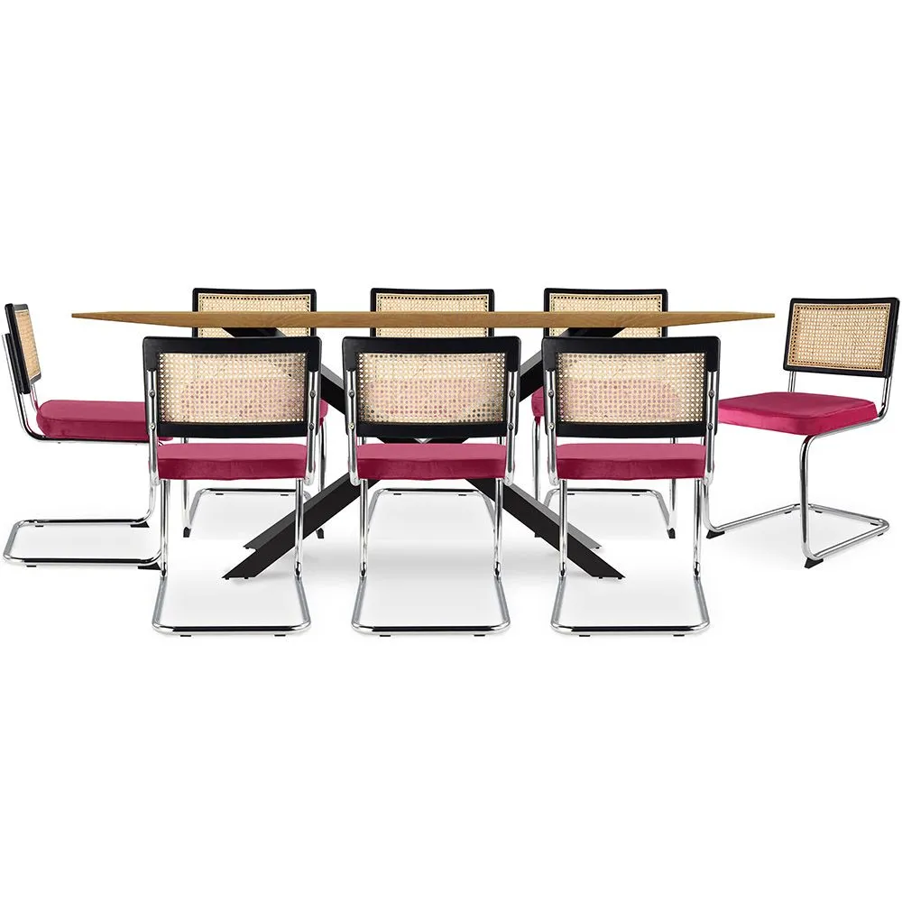 Pack Industrial Design Wooden Dining Table (220cm) & 8 Rattan Dining Chairs - Velvet Upholstery - Hyre image 8