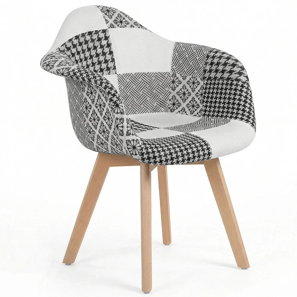 Dining Chair with Armrests - Upholstered in Patchwork - Black and White - Dominic image 8