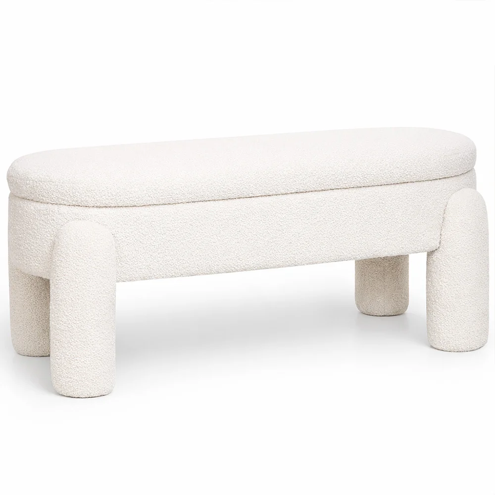 Bench With Storage Upholstered In Off-White Bouclé Fabric – Modern Seat For Living Room And Bedroom - Boreta image 8
