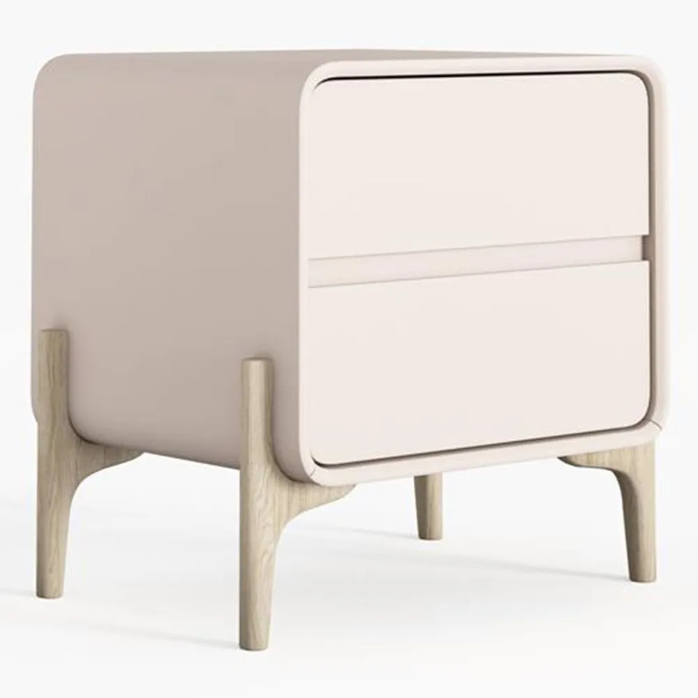 Modern Scandi nightstand covered in faux leather with 2 drawers and natural wood legs - Bennis image 8