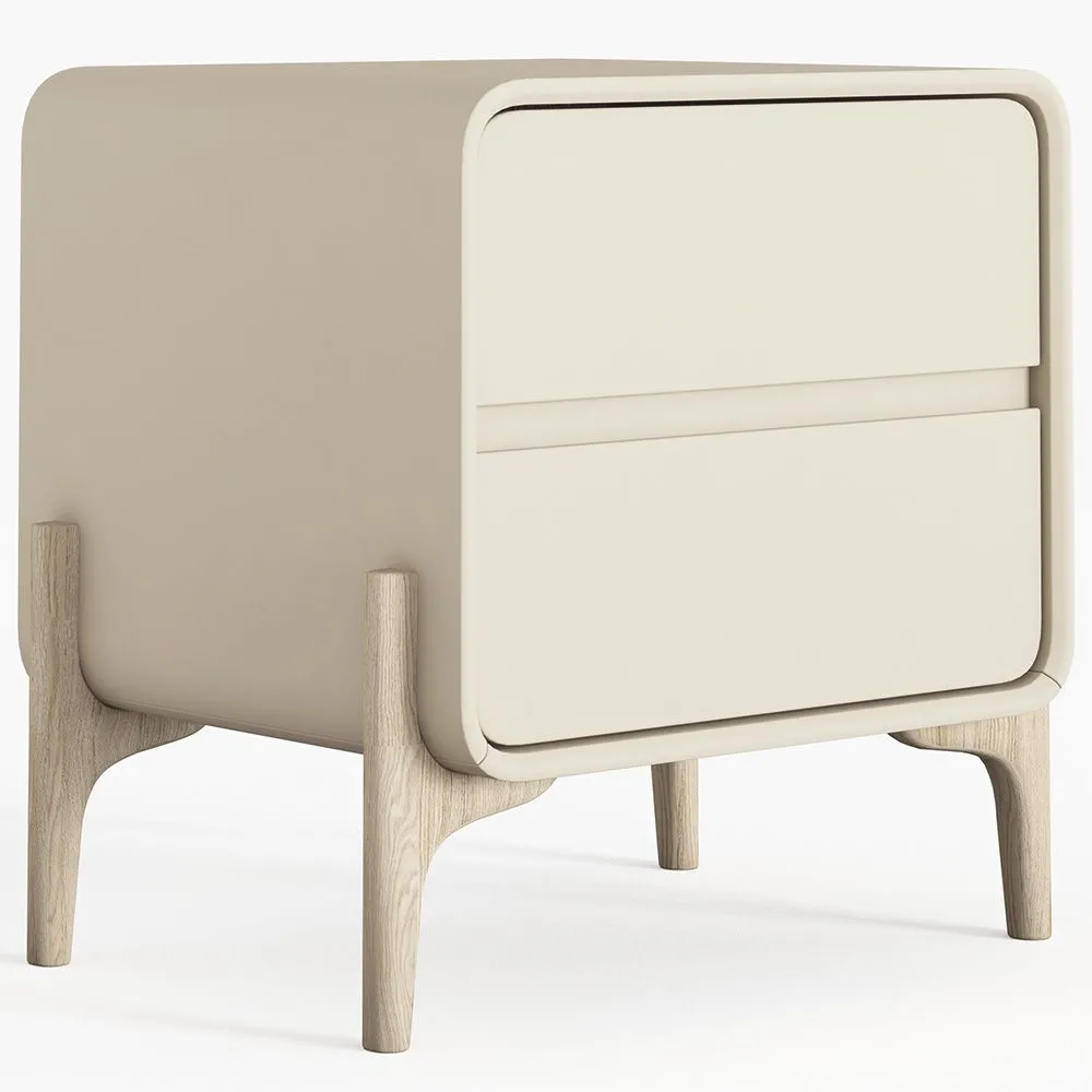 Modern Scandi nightstand covered in faux leather with 2 drawers and natural wood legs - Bennis image 8