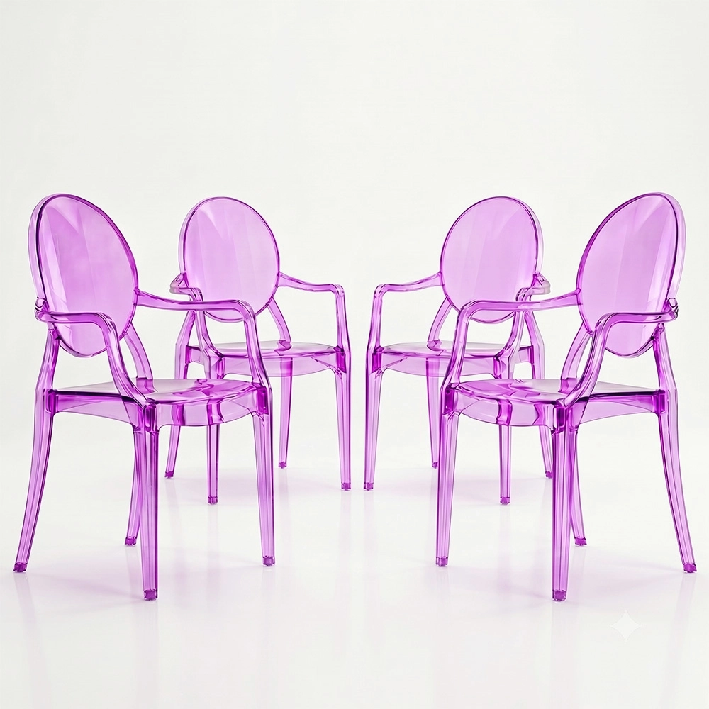 Pack of 4 Dining Chairs - Transparent - Design with Armrests - Louis XIV image 8